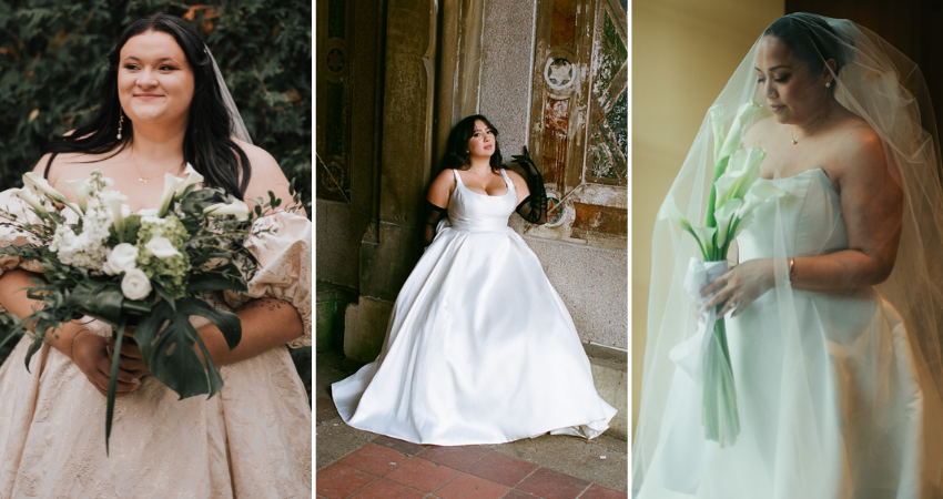 Bride wearing plus size wedding dresses by Maggie Sottero