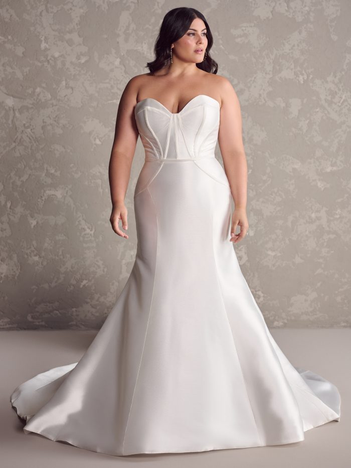 Bride wearing plus size wedding dresses like Missy by Rebecca Ingram