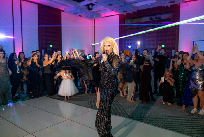 Lady Gaga drag queen performing at Katie and Curly's New Year's Eve wedding