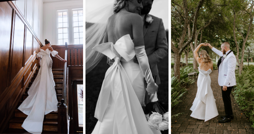 Brides wearing wedding dresses with bows by Maggie Sottero