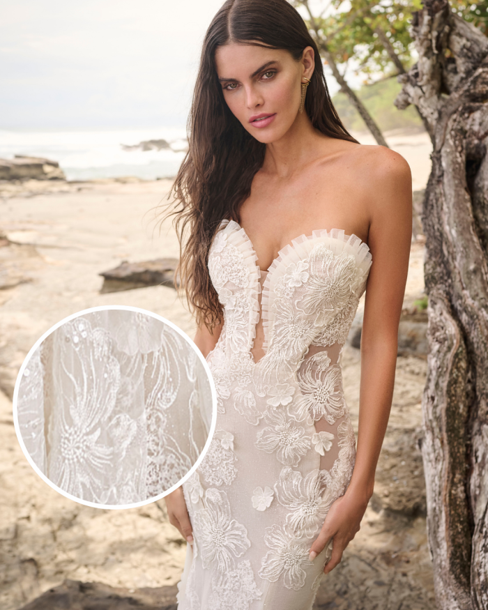 Bride wearing Mohave lace wedding dress by Sottero and Midgley