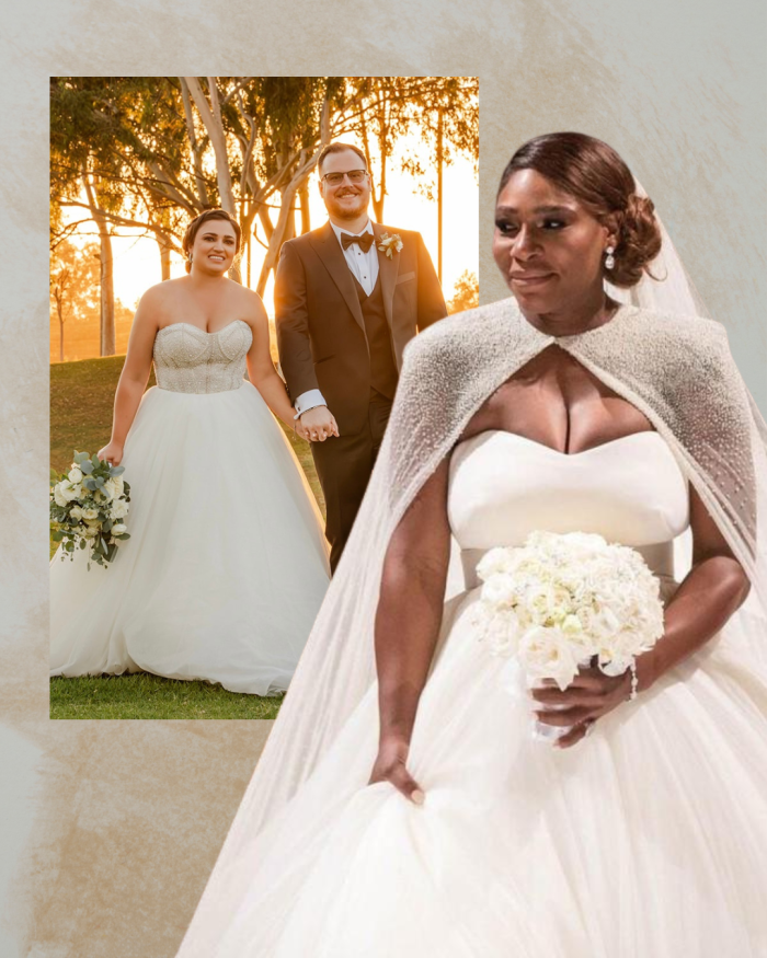 Bride wearing Serena Williams celebrity wedding dress Elton by Sottero and Midgley