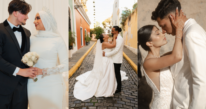 Collage of three brides celebrating their weddings in different traditions while wearing Maggie Sottero gowns. From left to right: a bride in a long-sleeved modest wedding dress with a coordinating veil and head covering holding a bouquet beside a partner in formalwear; a bride in a strapless satin ballgown embracing a partner on a cobblestone street; and a bride in a lace fit-and-flare gown with henna-adorned hands sharing an intimate pose with a partner in a white suit.