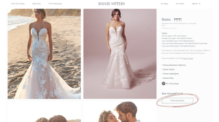 Screenshot of the Maggie Sottero website showing how to find this gown
