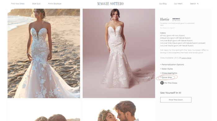 Screenshot of the Maggie Sottero website showing how to find quick ship gowns