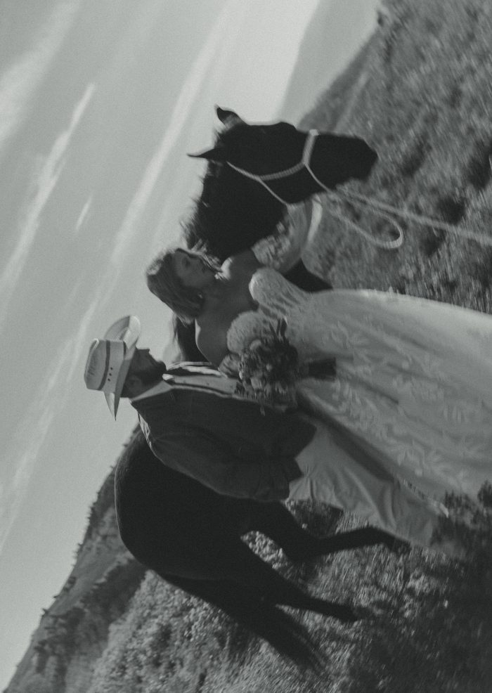 Bride wearing a bridal gown by Maggie Sottero in a Western styled shoot