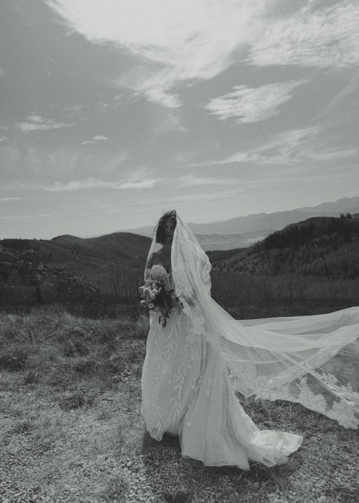 Bride wearing a bridal gown by Maggie Sottero in a Western styled shoot