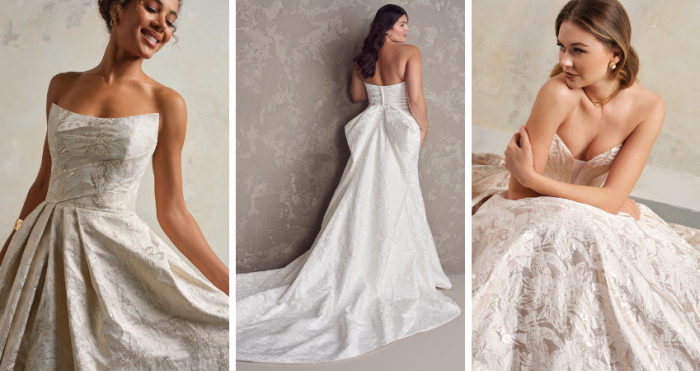 Brides wearing jacquard and brocade wedding dreses by Maggie Sottero