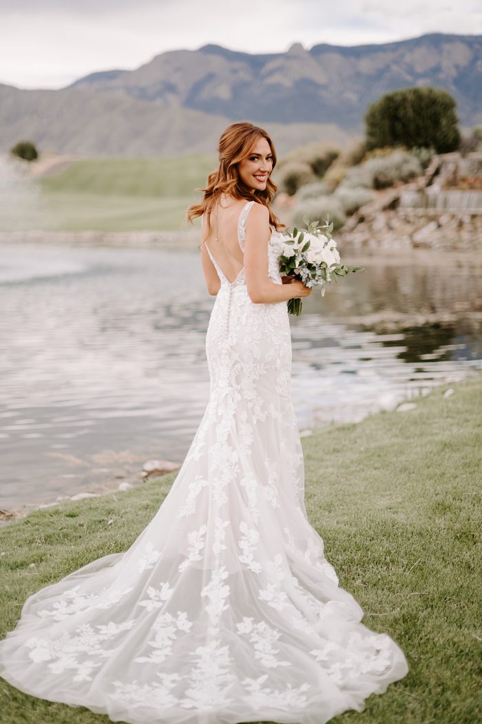 Bride wearing Greenley wedding dress by Maggie Sottero