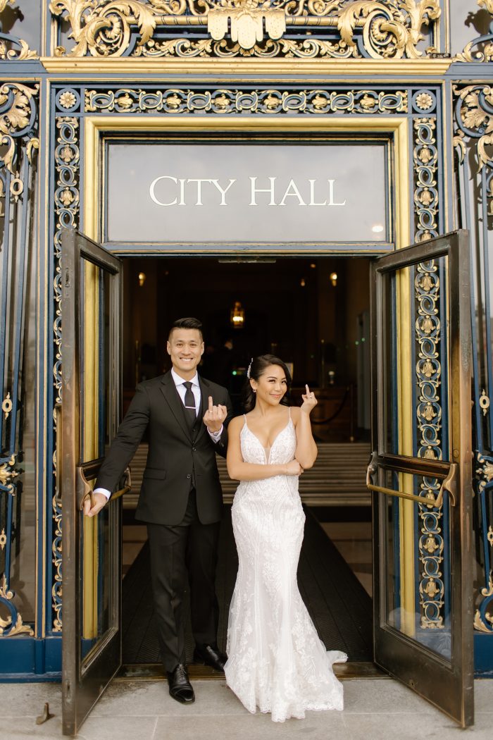 Louie wearing courthouse wedding dress Bailey by Sottero and Midgley