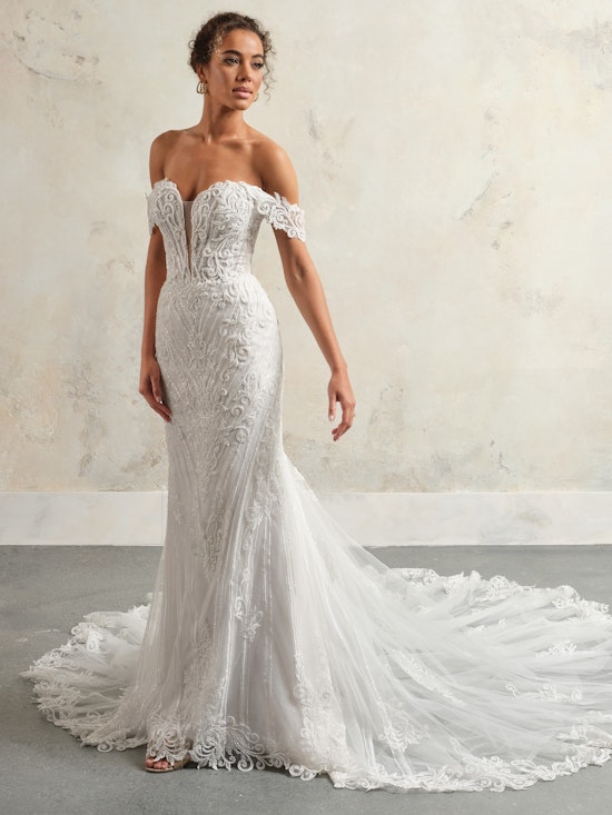 Bride wearing Rome off-the-shoulder wedding dress by Sottero and Midgley
