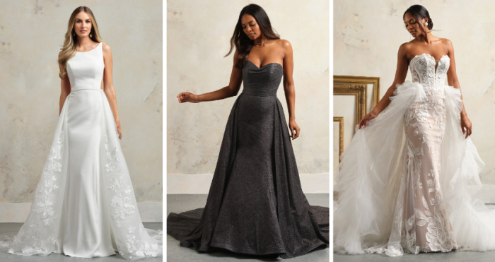 Brides wearing Maggie Sottero wedding dresses with bridal trains and overskirts