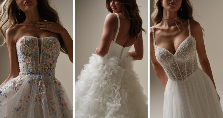 Brides wearing Maggie Sottero wedding dresses featuring wedding dress trends