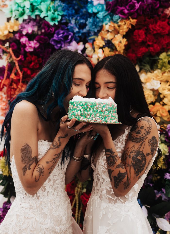 Colorful sprinkle cake for LGBTQ+ wedding ideas with bride wearing Harlem by Maggie Sottero