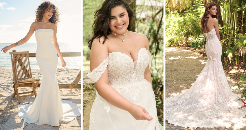 Brides wearing beachy boho wedding dresses by Maggie Sottero
