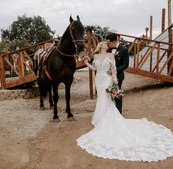 Bride wearing Fiona western wedding dress by Maggie Sottero