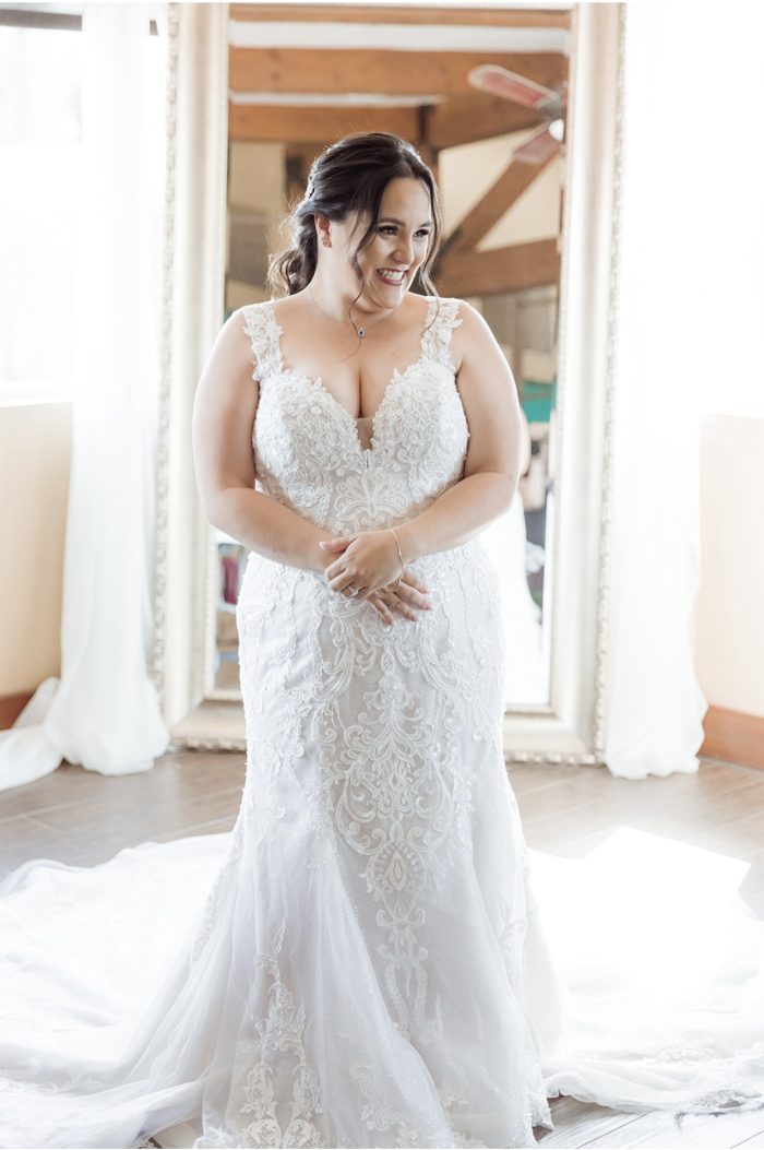 Bride wearing Frederique mermaid wedding dress by Maggie Sottero