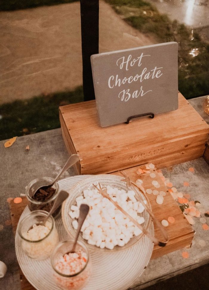 Hot chocolate bar at a winter wedding