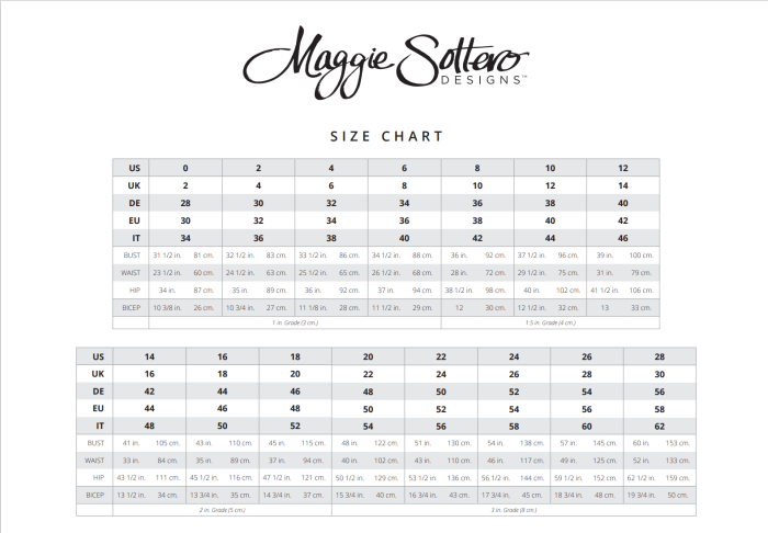 Maggie Sottero's wedding dress sizes chart