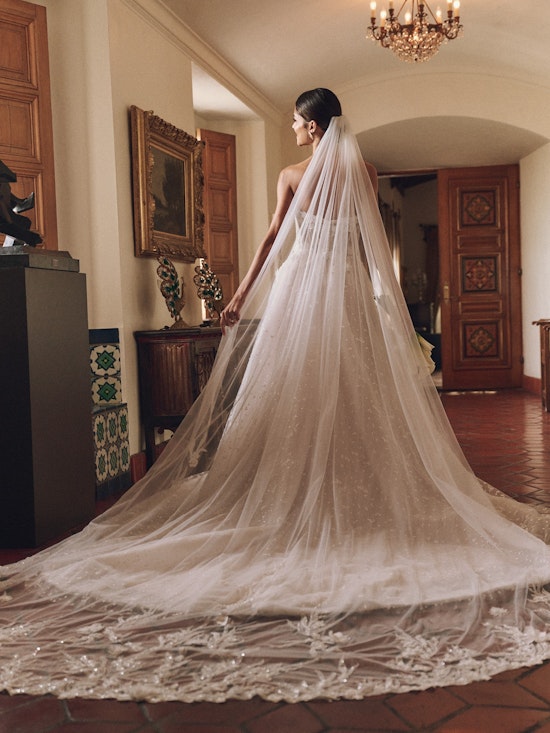 Bride wearing Athlone by Sottero and Midgley to illustrate the different wedding dress fabric weights