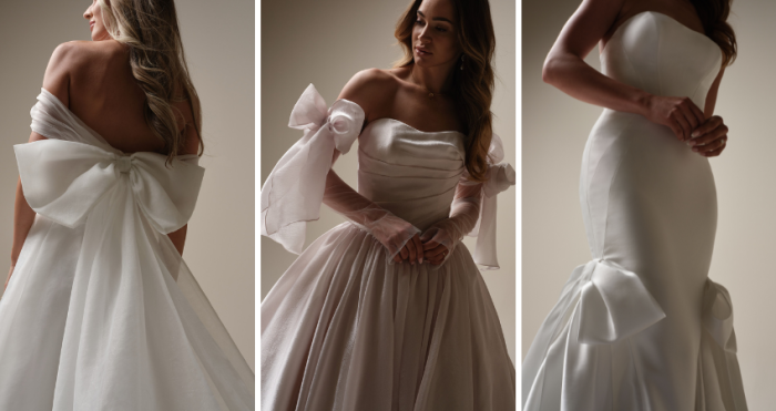 Brides wearing wedding bows on their gowns by Maggie Sottero