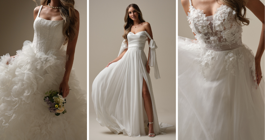 Brides wearing Maggie Sottero wedding dresses made with lower-impact fabrics