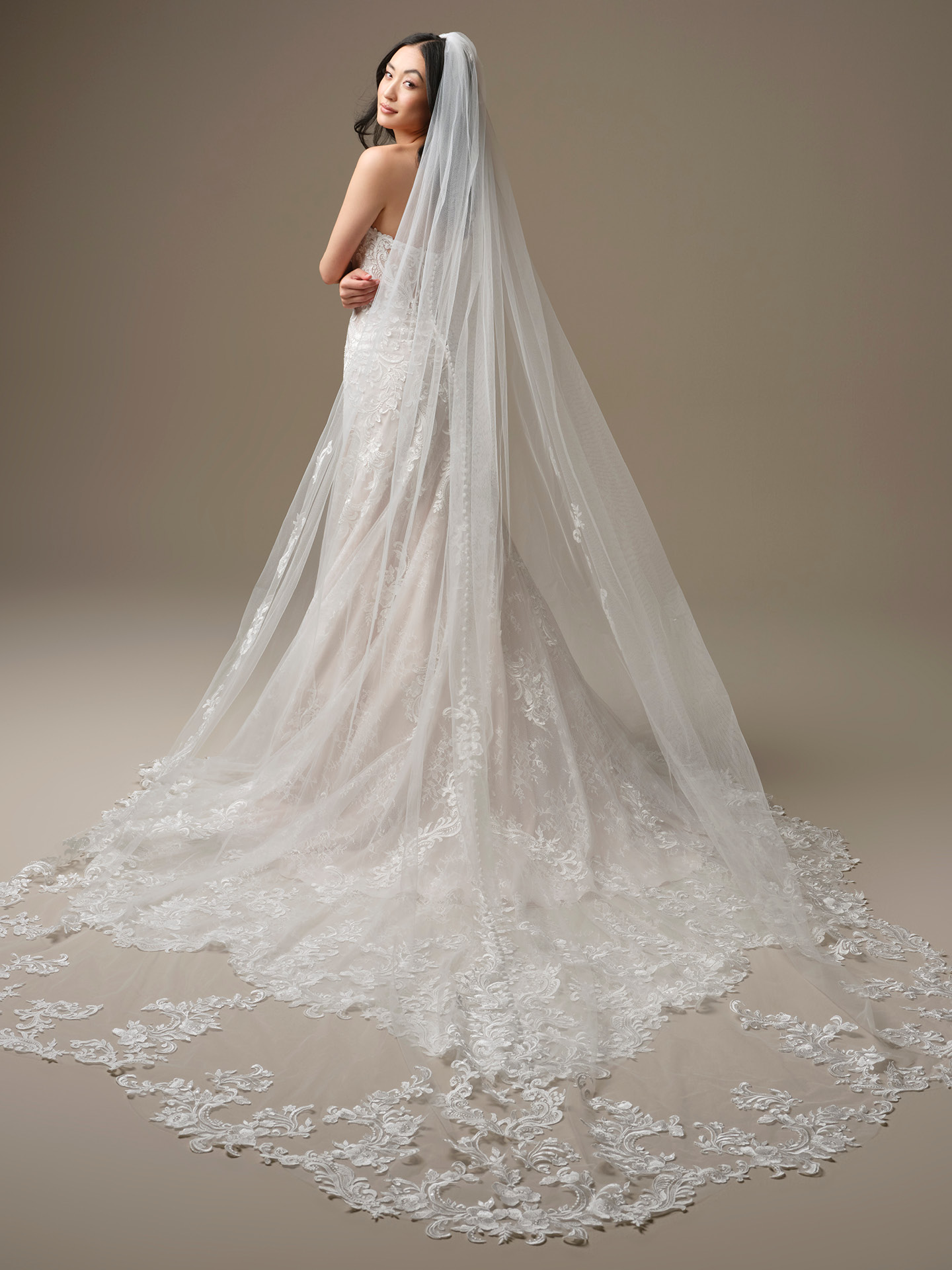 Cathedral-length lace-trim veil with intricate embroidered appliqué along the border, cascading into an extended train for dramatic bridal elegance.