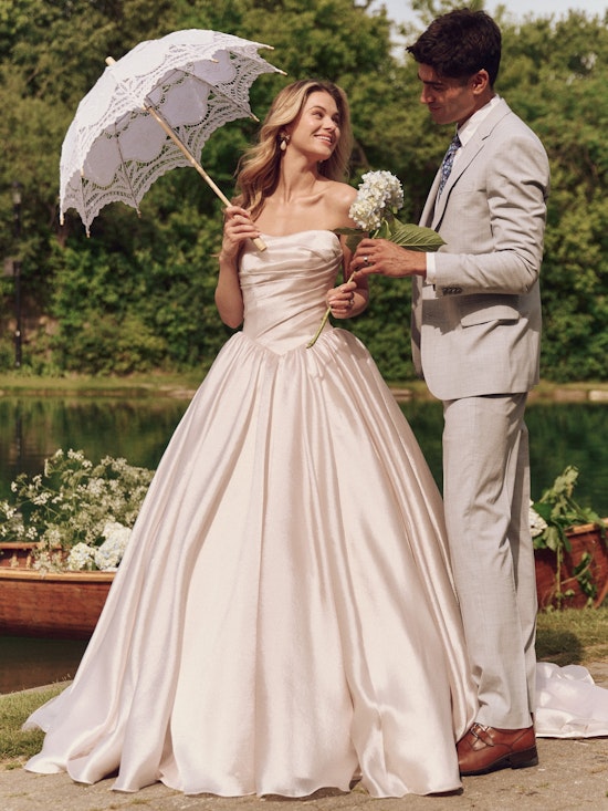 Bride wearing a wedding dress made with lower-impact fabrics called Paris by Maggie Sottero