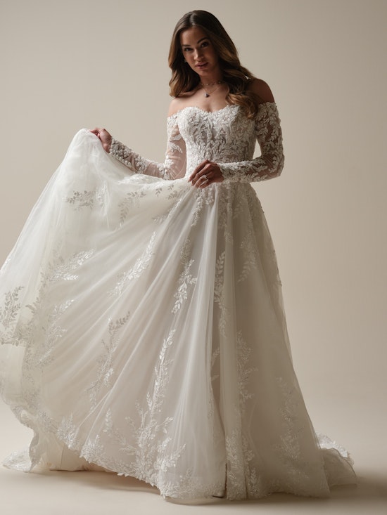 Bride wearing a wedding dress made with lower-impact fabrics called Rita by Maggie Sottero