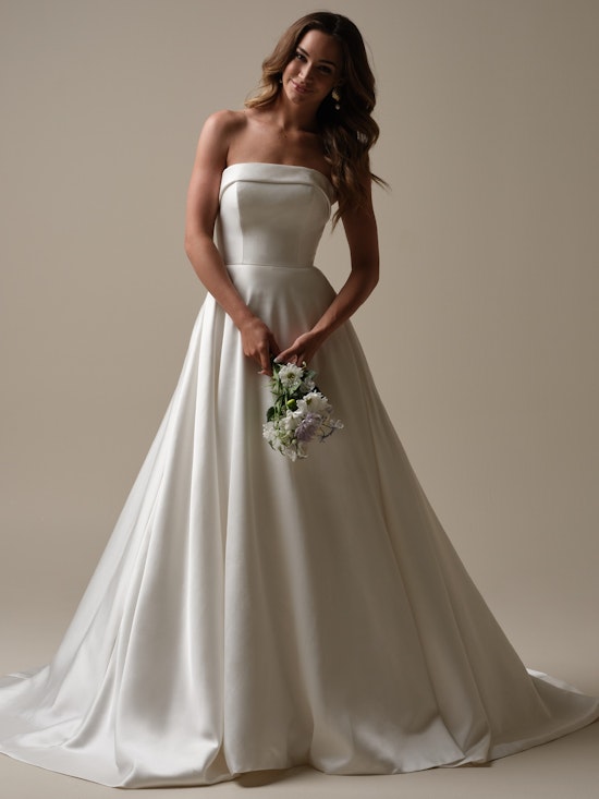 Bride wearing a wedding dress made with lower-impact fabrics called Elizabeth Marie by Rebecca Ingram