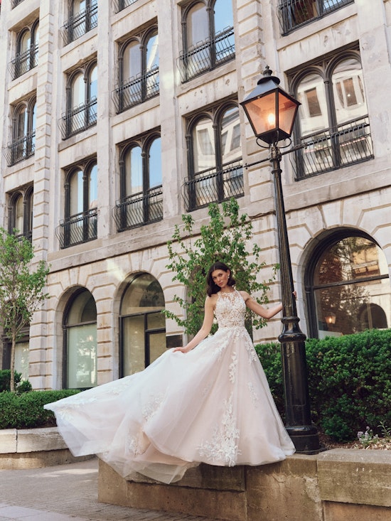 Bride wearing a wedding dress made with lower-impact fabrics called Rickie by Rebecca Ingram