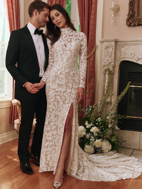 Bride wearing one of Maggie Sottero's modest wedding dresses called Holland by Sottero and Midgley