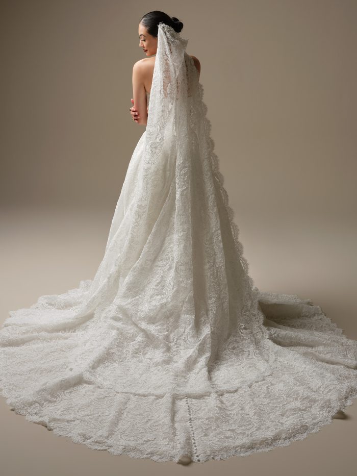 Allover lace waltz veil featuring intricate floral lace from comb to hem for a dramatic, couture-inspired finish.