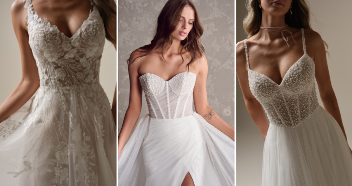 Three elegant pearl wedding dresses featuring unique bodice details: left gown with floral lace and scattered pearls on a flowy A-line skirt, center strapless corset gown with pearl-embellished bodice and thigh-high slit, right gown with beaded spaghetti straps and pearl-covered corset bodice paired with soft tulle skirt.