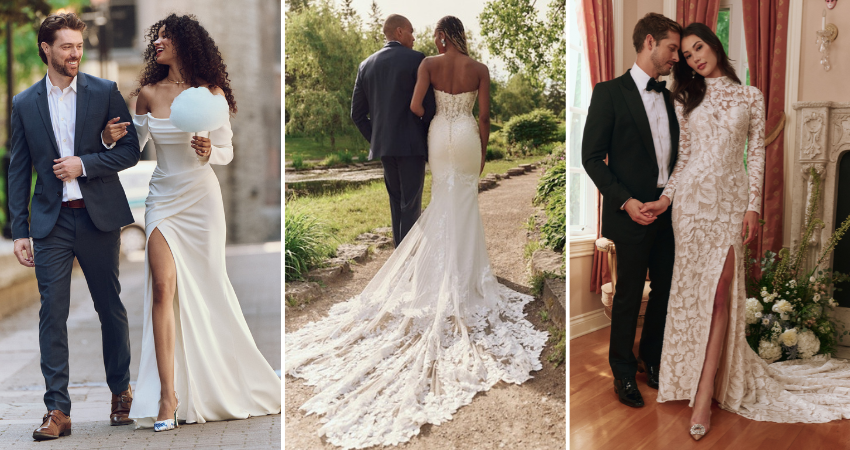 Brides wearing sheath wedding dresses by Maggie Sottero