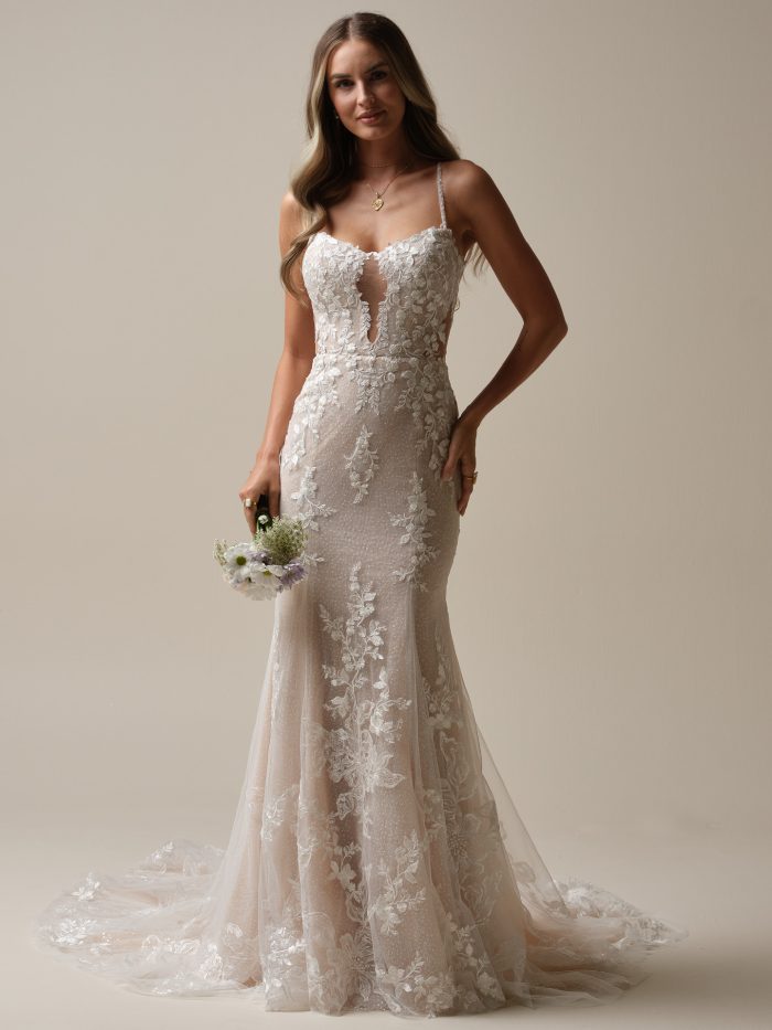 Bride wearing sheath wedding dress Kane by Sottero and Midgley