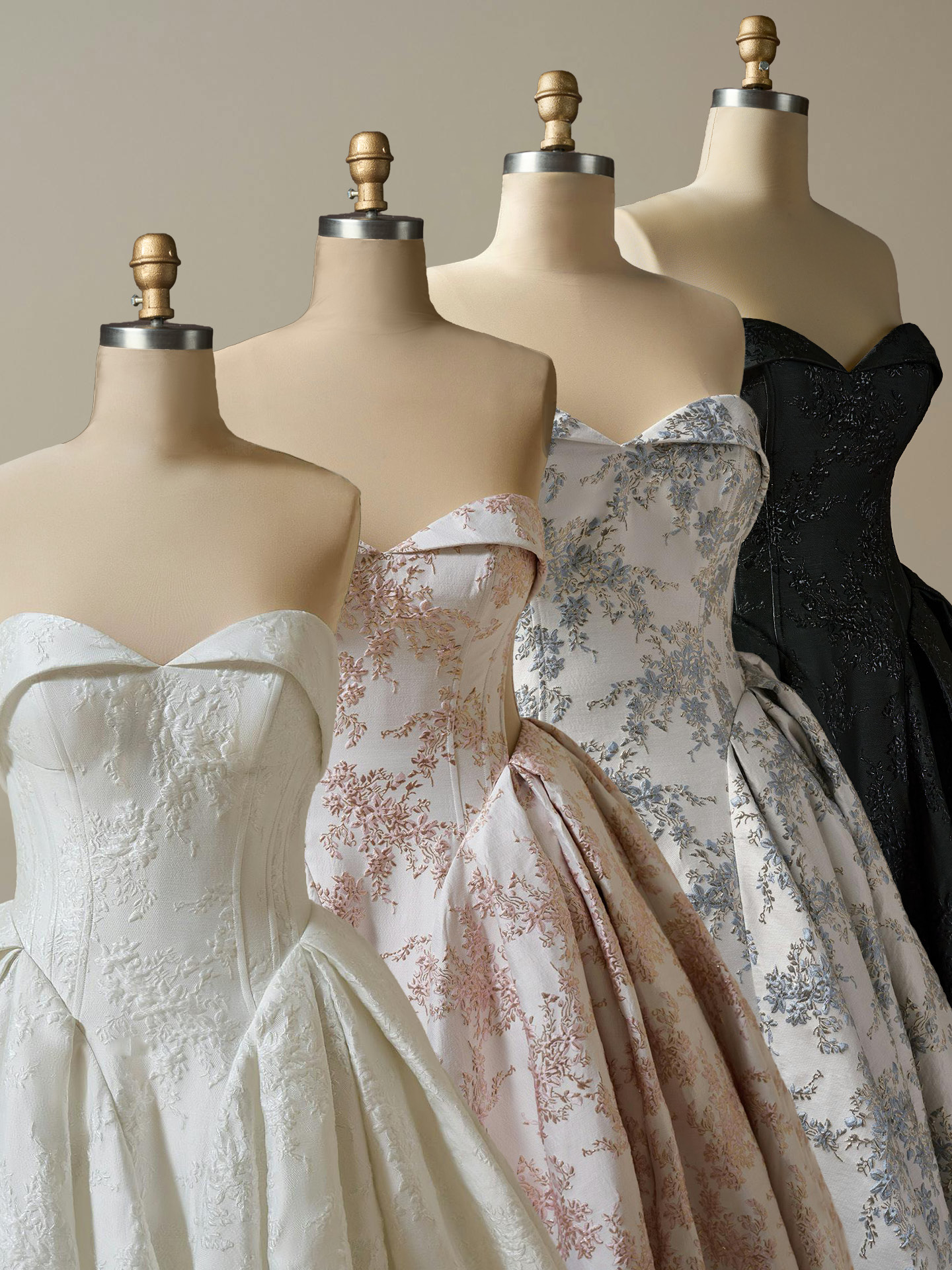 Strapless floral jacquard ballgown wedding dresses in multiple colorways with structured corset bodices