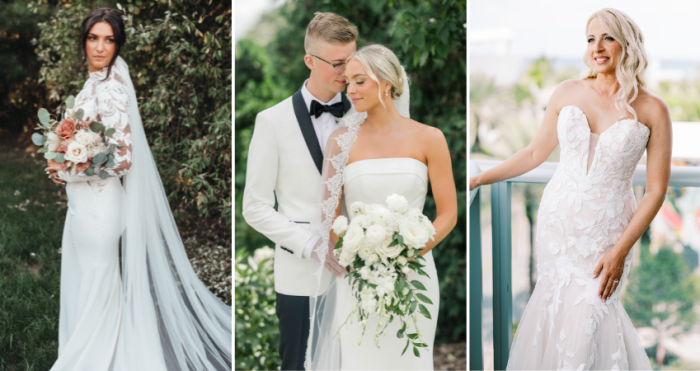 Brides wearing affordable wedding dresses by Rebecca Ingram