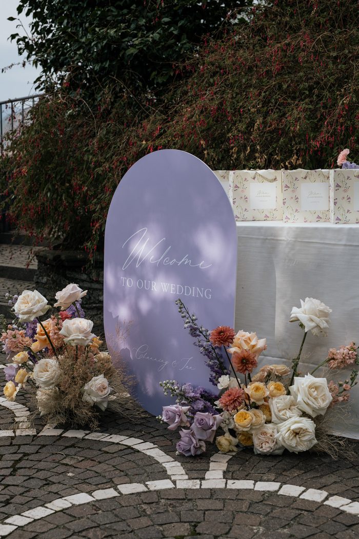 Welcome signage with flowers