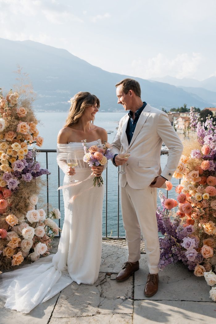 Bride wearing Drew Marie garden party wedding dress by Maggie Sottero