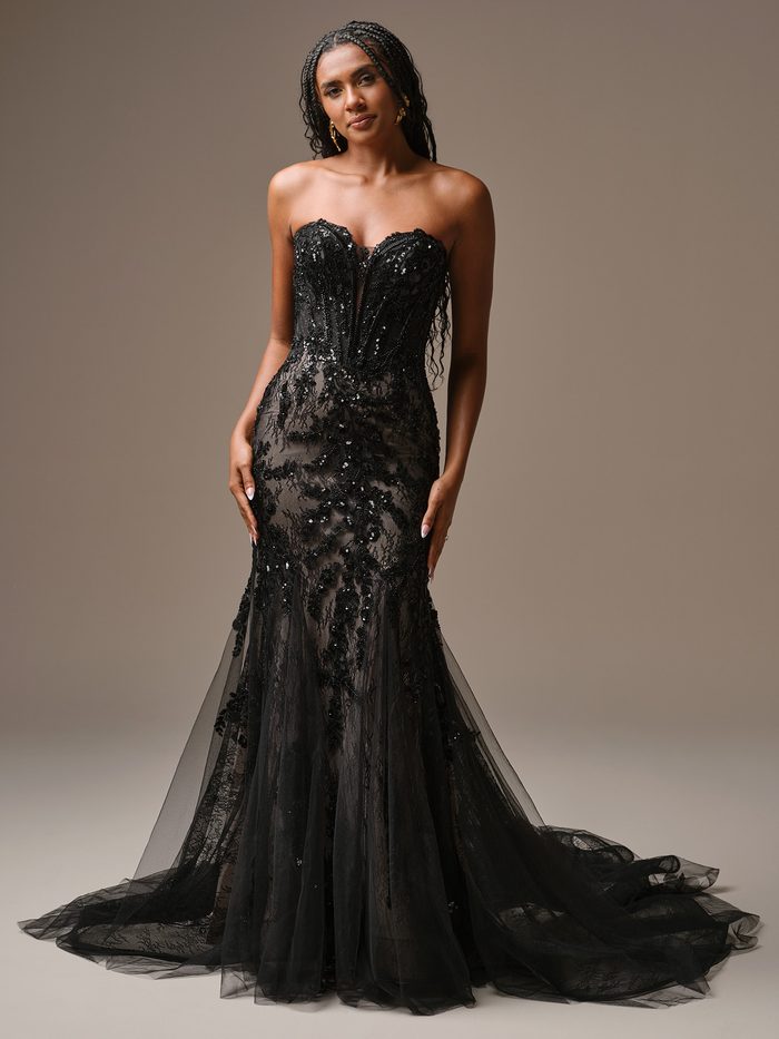 Full-length view of the Benjie fit-and-flare wedding dress by Maggie Sottero in black, featuring a strapless sweetheart neckline with beaded lace bodice and a fitted mermaid skirt of sequined lace flaring into a sheer tulle train.