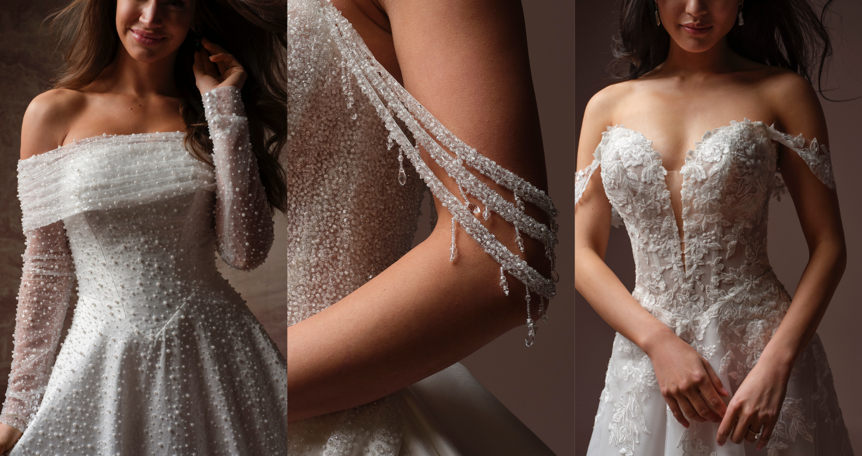 Detail shots of three Maggie Sottero wedding gowns from left to right: Elowyn, an off-the-shoulder ball gown with delicate pearl beading and sheer sleeves; Rumi, featuring cascading crystal fringe along the arm; and Bernadine, an off-the-shoulder gown with romantic floral lace appliqué and a sweetheart neckline.