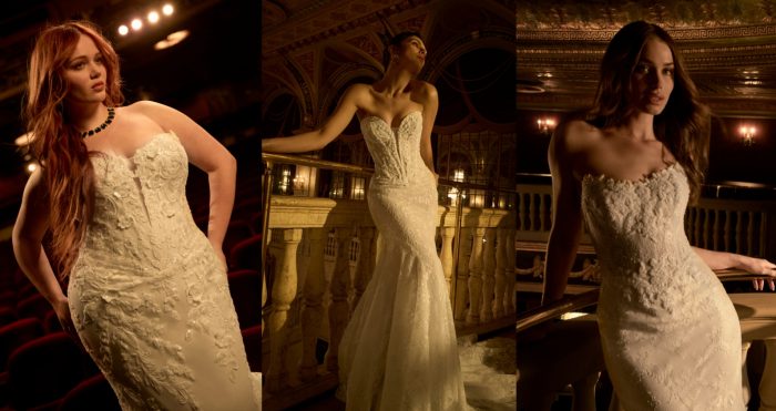 From left to right: Maggie Sottero Estelle fit-and-flare wedding dress with a strapless lace corset bodice and floral appliqués; Maggie Sottero Bellevue Royale fit-and-flare gown featuring a structured sweetheart bodice and fitted silhouette with lace detailing; and Maggie Sottero Collette sheath wedding dress with a strapless neckline and textured lace finish, all styled in a warm, dramatic theater setting.