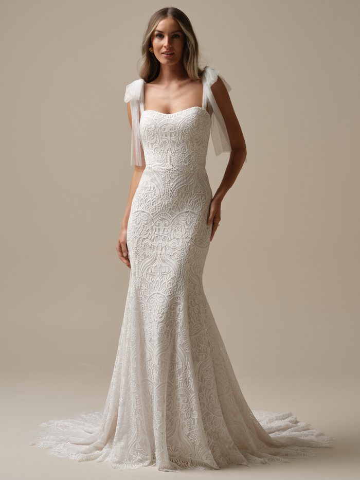 Berkeley by Rebecca Ingram boho lace sheath wedding dress with strapless sweetheart neckline and detachable tulle tie straps.