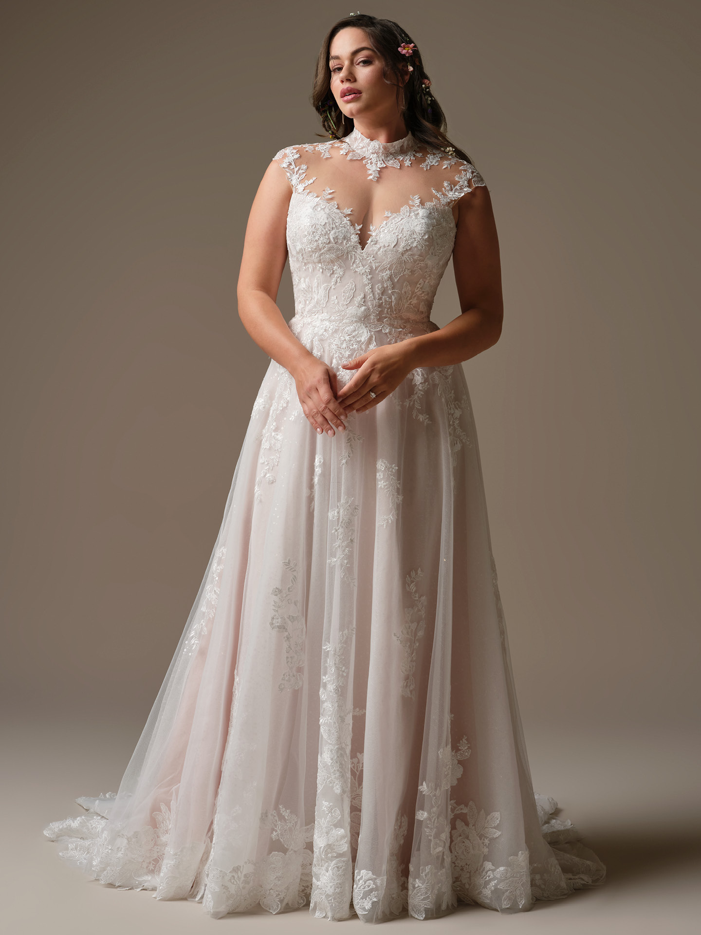 Rebecca Ingram Cody A-line wedding dress with illusion high neckline and floral lace bodice, featuring a soft tulle skirt for a romantic, fairytale-inspired bridal look