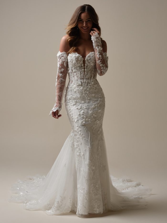 Sottero and Midgley Twilight fit-and-flare bridal gown with off-the-shoulder illusion sleeves and floral lace—ideal for wedding gowns for petite brides who want structure and romance.