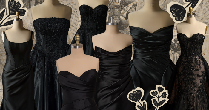 A collection of black wedding gowns displayed on dress forms, showcasing a range of silhouettes and textures. Styles include a sleek square-neck sheath with wide straps, a strapless ballgown with intricate lace appliqué and structured corset bodice, a sweetheart neckline satin gown with soft draping, and an off-the-shoulder design with ruched detailing. Another gown features a fitted, sheer bodice with visible boning and embellished lace over a flared skirt. The dresses are arranged against a vintage collage background of antique illustrations and text, with decorative floral graphics framing the composition.