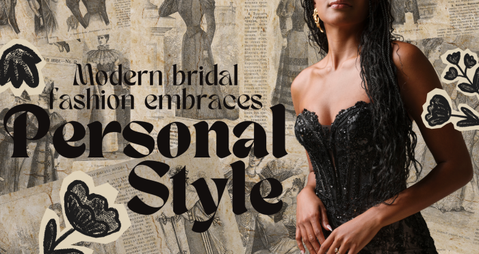Black wedding gown Benjie by Maggie Sottero, featuring a strapless sweetheart neckline and a structured corset bodice adorned with intricate beading, sequins, and lace detailing. The fitted silhouette highlights the waist and hips with a softly flared skirt. Styled against a vintage collage background of antique illustrations and text, the look is framed with decorative floral graphics. Overlaid text reads “Modern bridal fashion embraces Personal Style.”