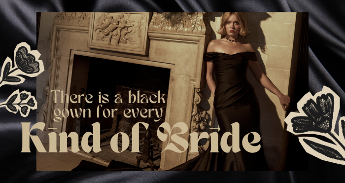 Black satin wedding gown Recine by Maggie Sottero, featuring an off-the-shoulder neckline with softly draped fabric across a fitted bodice and hips, flowing into a sleek, elongated skirt with a subtle train. The gown is styled on a figure posed against an ornate stone fireplace with carved detailing, set within a warm, moody interior. Dramatic lighting emphasizes the gown’s smooth texture and sculpted silhouette. Decorative floral graphics frame the composition against a dark satin backdrop, with overlaid text reading “There is a black gown for every Kind of Bride.”