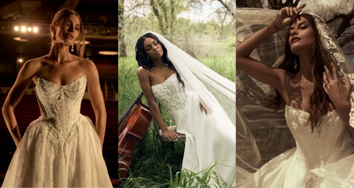 Header image collage of three brides in Maggie Sottero and Sottero and Midgley wedding gowns — the Ryland ballgown in a theater setting, the Hazel A-line dress with a flowing veil beside a cello in a grassy field, and the Sandrine ballgown with a lace veil among bare trees.